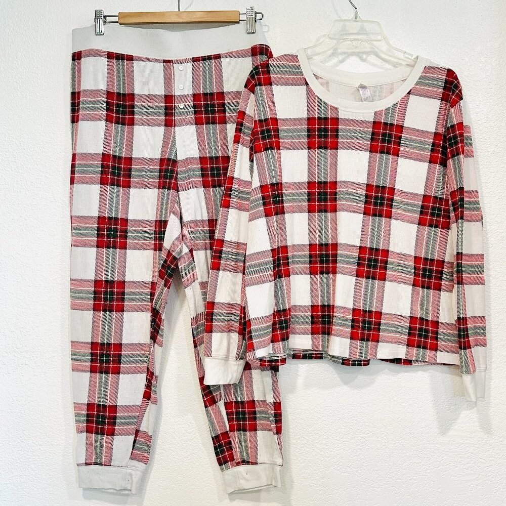 Stars Above Pajama Set 2 Piece PJs Red White Green Plaid Thermal EUC Womens XL